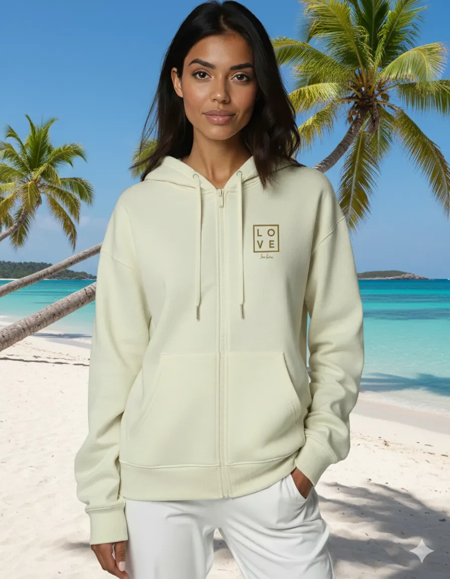 Unisex Off-White Zip-Up Hoodie from LOVE - Chic simplicity and Saint-Barth spirit